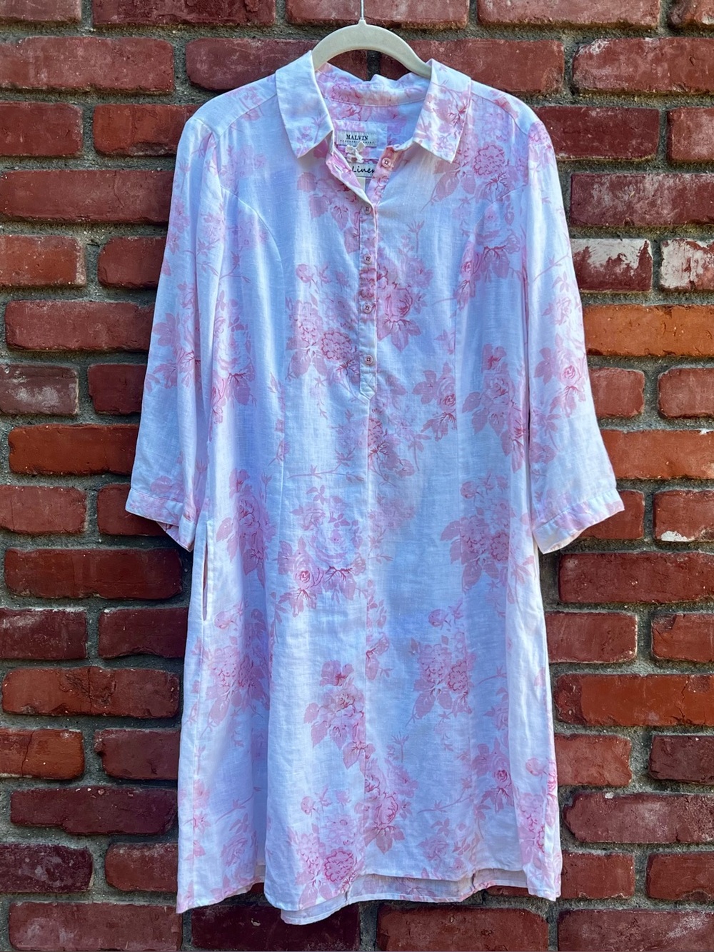 Women's Pink Floral Rise Print Button-Down Linen Tunic Dress